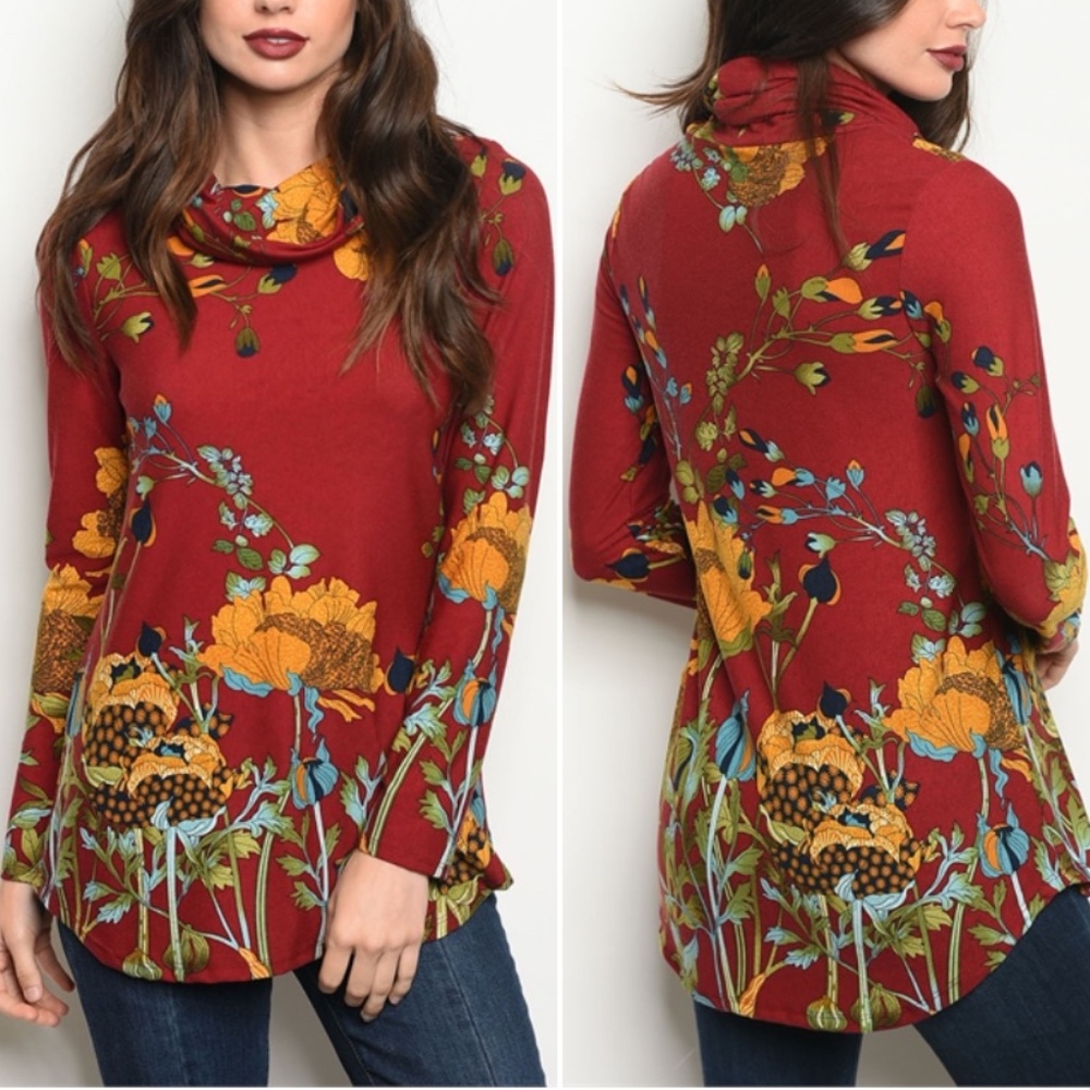 Long sleeve cowl neck floral print tunic top.